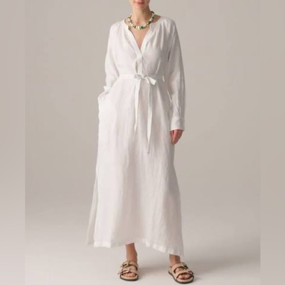 J Crew‎ NWT long sleeve V neck Cabana maxi dress in linen in white
